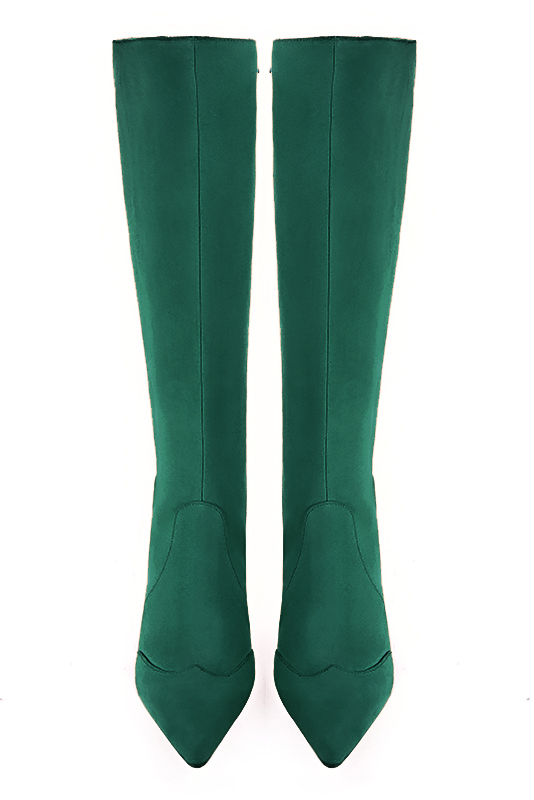 Emerald green women's feminine knee-high boots. Pointed toe. Medium block heels. Made to measure. Top view - Florence KOOIJMAN